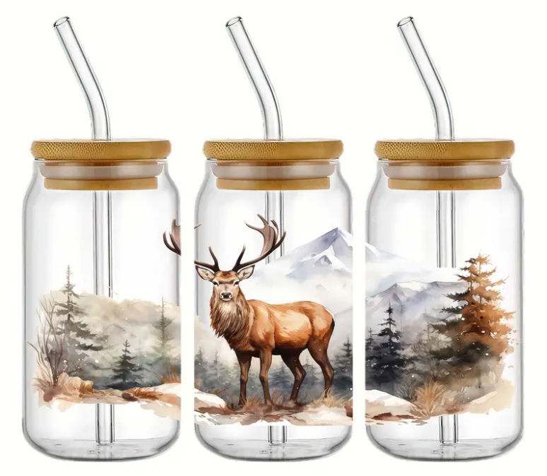 UV DTF Transfer Elk Snow Mountain Forest Design