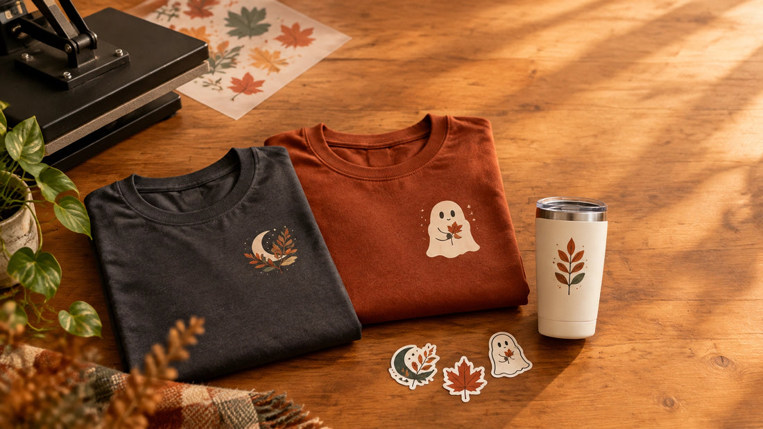 Small fall apparel capsule with custom T-shirts, a crewneck, a tumbler, stickers, and DTF transfer materials on a studio tabl