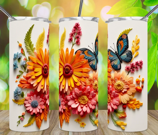 3D Flowers and Butterflies Tumbler 20oz