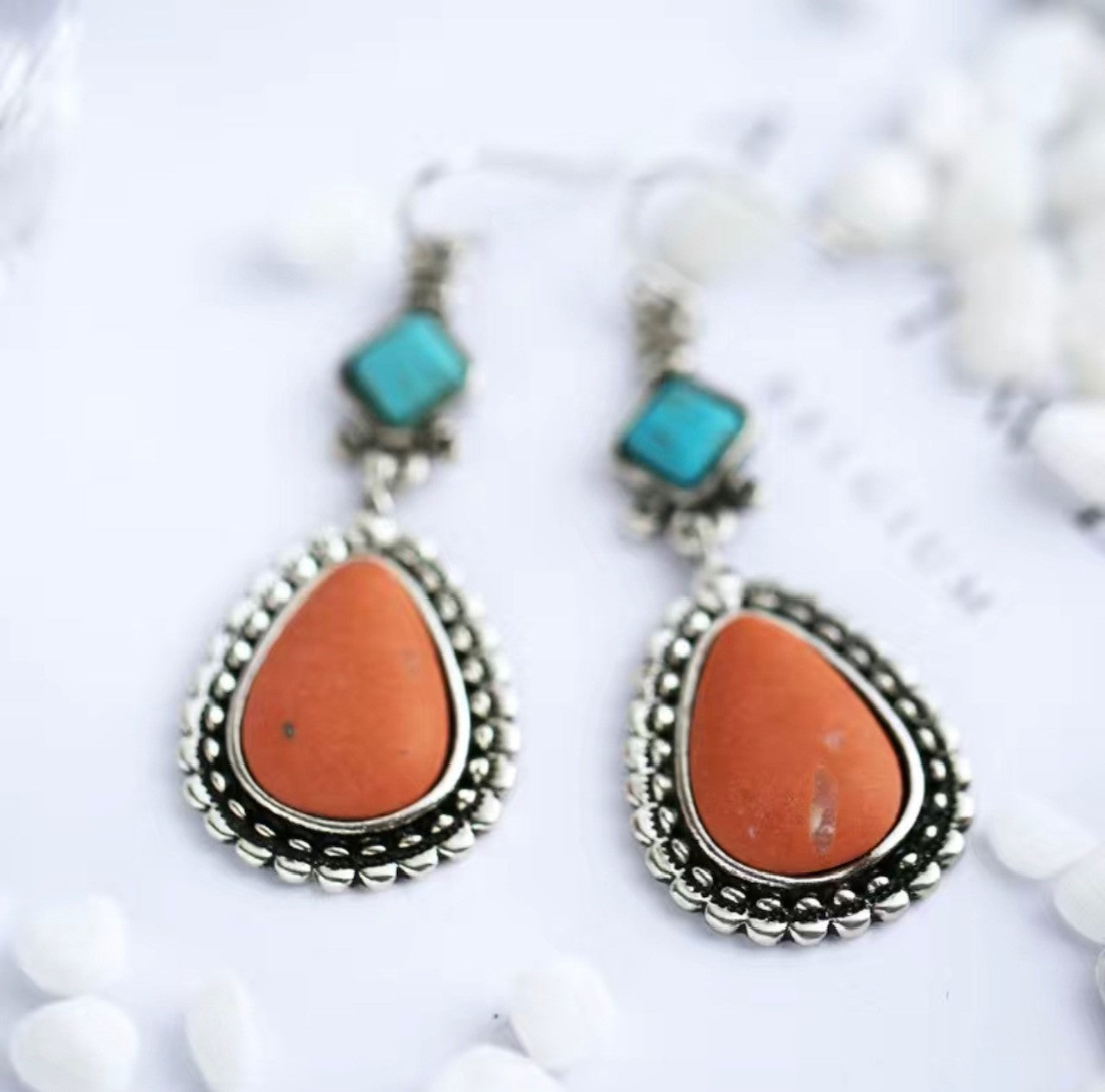 Corral and Turquoise Dangle Earrings